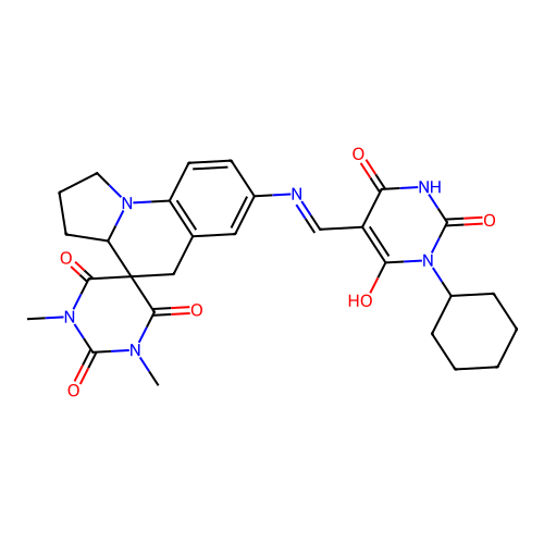 (E)-7'-(((1-cyclohexyl-2,4,6-trioxotetrahydropyrimidin-5(2H)-ylidene)methyl)amino)-1,3-dimethyl-2',3',3a',5'-tetrahydro-1H,1'H-spiro[pyrimidine-5,4'-pyrrolo[1,2-a]quinoline]-2,4,6(3H)-trione structure
