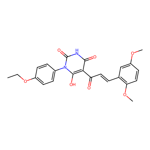 (E)-5-(3-(2,5-dimethoxyphenyl)acryloyl)-3-(4-ethoxyphenyl)-6-hydroxypyrimidine-2,4(1H,3H)-dione structure