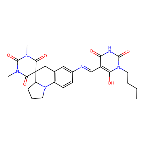 (E)-7'-(((1-butyl-2,4,6-trioxotetrahydropyrimidin-5(2H)-ylidene)methyl)amino)-1,3-dimethyl-2',3',3a',5'-tetrahydro-1H,1'H-spiro[pyrimidine-5,4'-pyrrolo[1,2-a]quinoline]-2,4,6(3H)-trione structure
