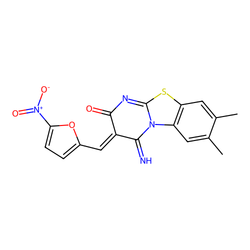 (3Z)-4-imino-7,8-dimethyl-3-[(5-nitrofuran-2-yl)methylidene]-3,4-dihydro-2H-pyrimido[2,1-b][1,3]benzothiazol-2-one structure
