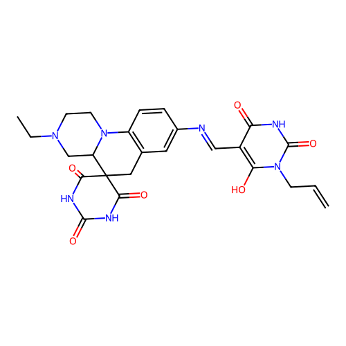 (5Z)-5-{[(3-ethyl-2',6'-dihydroxy-4'-oxo-2,3,4,4a-tetrahydro-1H,4'H,6H-spiro[pyrazino[1,2-a]quinoline-5,5'-pyrimidin]-8-yl)amino]methylidene}-6-hydroxy-3-(prop-2-en-1-yl)pyrimidine-2,4(3H,5H)-dione structure