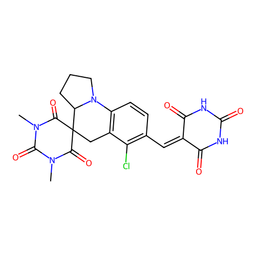 6'-chloro-1,3-dimethyl-7'-((2,4,6-trioxotetrahydropyrimidin-5(2H)-ylidene)methyl)-2',3',3a',5'-tetrahydro-1H,1'H-spiro[pyrimidine-5,4'-pyrrolo[1,2-a]quinoline]-2,4,6(3H)-trione structure