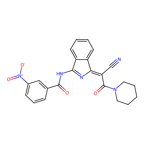 (Z)-N-(1-(1-cyano-2-oxo-2-(piperidin-1-yl)ethylidene)-1H-isoindol-3-yl)-3-nitrobenzamide structure