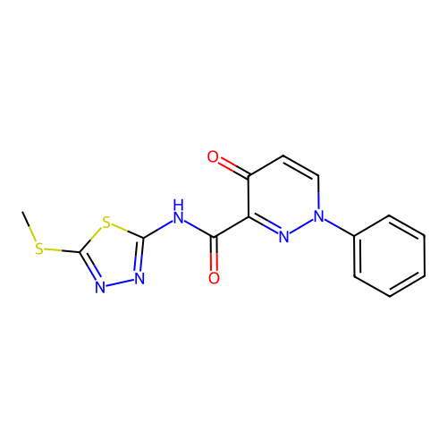 N-[(2Z)-5-(methylsulfanyl)-1,3,4-thiadiazol-2(3H)-ylidene]-4-oxo-1-phenyl-1,4-dihydropyridazine-3-carboxamide structure