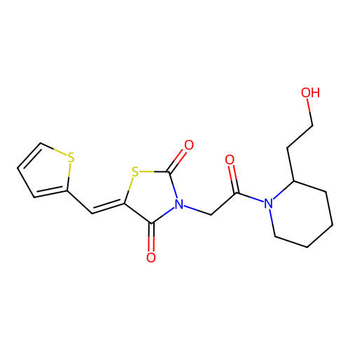 (5Z)-3-{2-[2-(2-hydroxyethyl)piperidin-1-yl]-2-oxoethyl}-5-(thiophen-2-ylmethylidene)-1,3-thiazolidine-2,4-dione structure