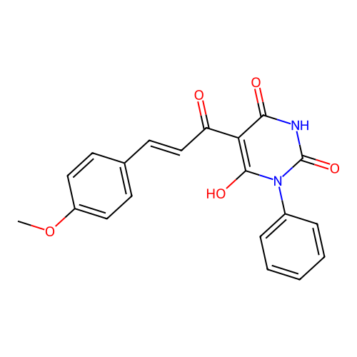 (E)-6-hydroxy-5-(3-(4-methoxyphenyl)acryloyl)-3-phenylpyrimidine-2,4(1H,3H)-dione structure