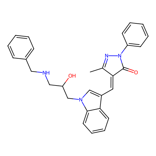 (4E)-4-({1-[3-(benzylamino)-2-hydroxypropyl]-1H-indol-3-yl}methylidene)-5-methyl-2-phenyl-2,4-dihydro-3H-pyrazol-3-one structure