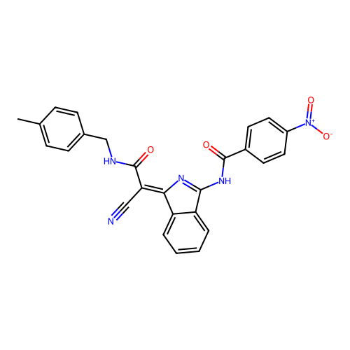 (Z)-N-(1-(1-cyano-2-((4-methylbenzyl)amino)-2-oxoethylidene)-1H-isoindol-3-yl)-4-nitrobenzamide structure