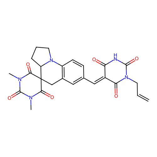 (E)-7'-((1-allyl-2,4,6-trioxotetrahydropyrimidin-5(2H)-ylidene)methyl)-1,3-dimethyl-2',3',3a',5'-tetrahydro-1H,1'H-spiro[pyrimidine-5,4'-pyrrolo[1,2-a]quinoline]-2,4,6(3H)-trione structure
