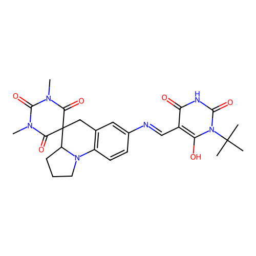 (E)-7'-(((1-(tert-butyl)-2,4,6-trioxotetrahydropyrimidin-5(2H)-ylidene)methyl)amino)-1,3-dimethyl-2',3',3a',5'-tetrahydro-1H,1'H-spiro[pyrimidine-5,4'-pyrrolo[1,2-a]quinoline]-2,4,6(3H)-trione structure
