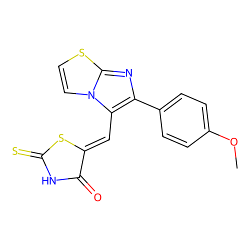 (Z)-5-((6-(4-methoxyphenyl)imidazo[2,1-b]thiazol-5-yl)methylene)-2-thioxothiazolidin-4-one structure