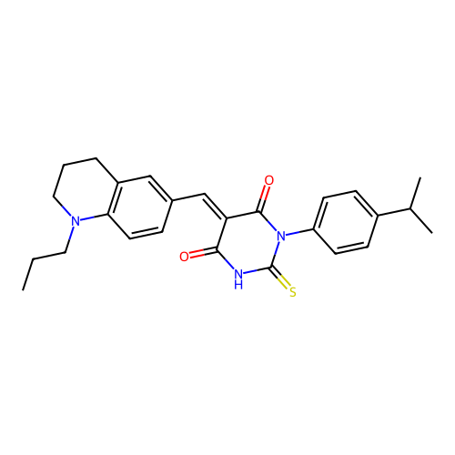 (5E)-1-(4-propan-2-ylphenyl)-5-[(1-propyl-3,4-dihydro-2H-quinolin-6-yl)methylidene]-2-sulfanylidene-1,3-diazinane-4,6-dione structure