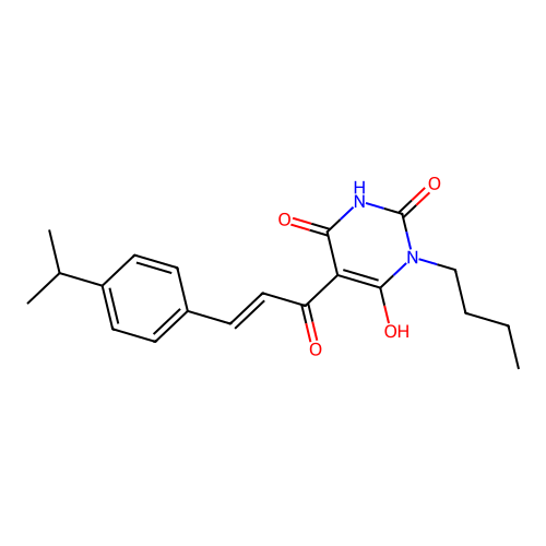 (E)-3-butyl-6-hydroxy-5-(3-(4-isopropylphenyl)acryloyl)pyrimidine-2,4(1H,3H)-dione structure