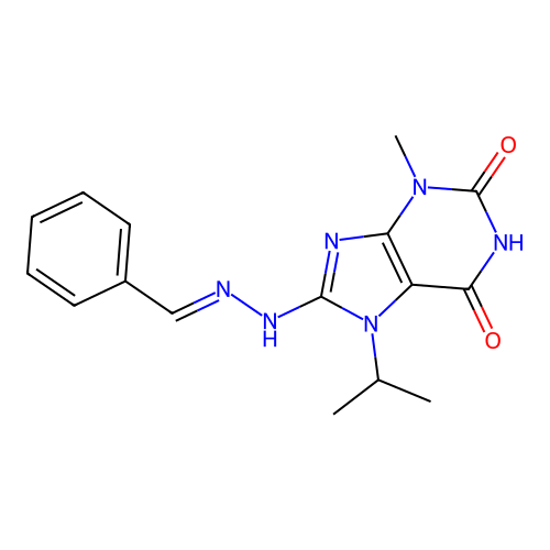(E)-8-(2-benzylidenehydrazinyl)-7-isopropyl-3-methyl-1H-purine-2,6(3H,7H)-dione structure