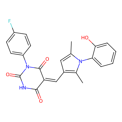 (5Z)-1-(4-fluorophenyl)-5-[[1-(2-hydroxyphenyl)-2,5-dimethylpyrrol-3-yl]methylidene]-1,3-diazinane-2,4,6-trione structure