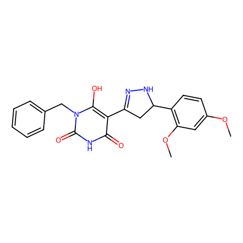1-benzyl-5-[5-(2,4-dimethoxyphenyl)pyrazolidin-3-ylidene]-1,3-diazinane-2,4,6-trione structure