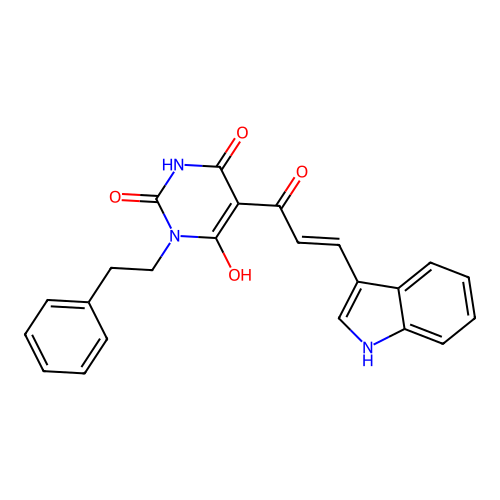 6-Hydroxy-5-((E)-3-1H-indol-3-yl-acryloyl)-3-phenethyl-1H-pyrimidine-2,4-dione structure