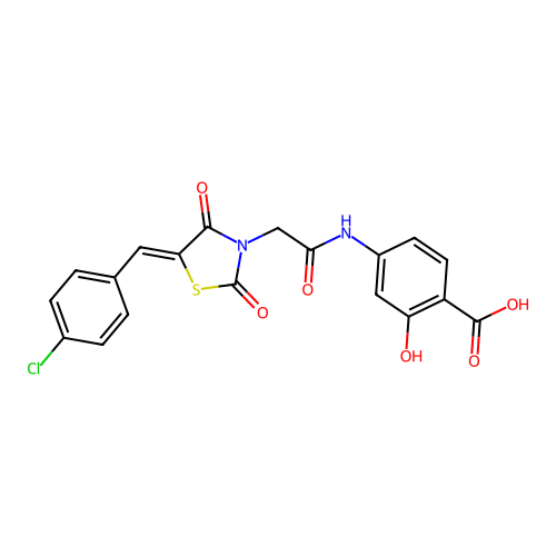 4-({[(5Z)-5-(4-chlorobenzylidene)-2,4-dioxo-1,3-thiazolidin-3-yl]acetyl}amino)-2-hydroxybenzoic acid structure