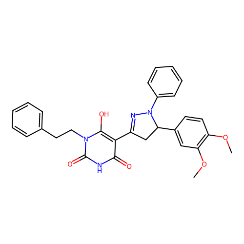 (5Z)-5-[5-(3,4-dimethoxyphenyl)-1-phenylpyrazolidin-3-ylidene]-1-phenethyl-1,3-diazinane-2,4,6-trione structure