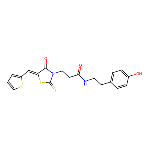 N-[2-(4-hydroxyphenyl)ethyl]-3-[(5Z)-4-oxo-5-(thiophen-2-ylmethylidene)-2-thioxo-1,3-thiazolidin-3-yl]propanamide structure
