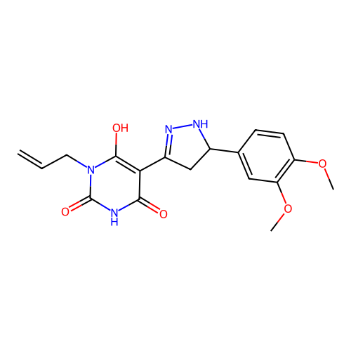 (Z)-1-allyl-5-(5-(3,4-dimethoxyphenyl)pyrazolidin-3-ylidene)pyrimidine-2,4,6(1H,3H,5H)-trione structure