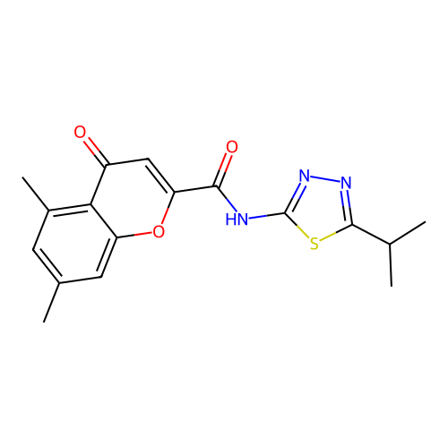 5,7-dimethyl-4-oxo-N-[(2Z)-5-(propan-2-yl)-1,3,4-thiadiazol-2(3H)-ylidene]-4H-chromene-2-carboxamide structure