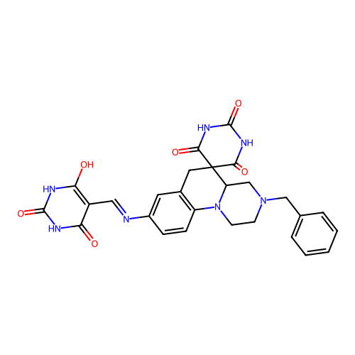 (5Z)-5-{[(3-benzyl-2',6'-dihydroxy-4'-oxo-2,3,4,4a-tetrahydro-1H,4'H,6H-spiro[pyrazino[1,2-a]quinoline-5,5'-pyrimidin]-8-yl)amino]methylidene}-6-hydroxypyrimidine-2,4(3H,5H)-dione structure