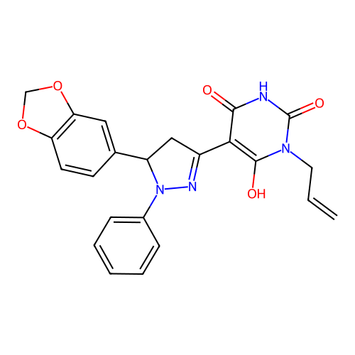 (Z)-1-allyl-5-(5-(benzo[d][1,3]dioxol-5-yl)-1-phenylpyrazolidin-3-ylidene)pyrimidine-2,4,6(1H,3H,5H)-trione structure