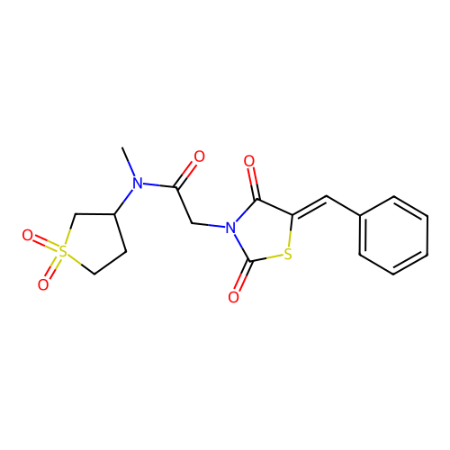 2-[(5Z)-5-benzylidene-2,4-dioxo-1,3-thiazolidin-3-yl]-N-(1,1-dioxothiolan-3-yl)-N-methylacetamide structure