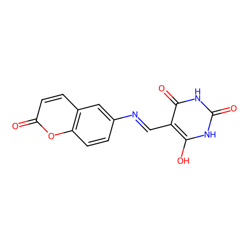 5-(((2-oxo-2H-chromen-6-yl)amino)methylene)pyrimidine-2,4,6(1H,3H,5H)-trione structure