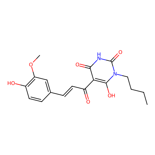 (E)-3-butyl-6-hydroxy-5-(3-(4-hydroxy-3-methoxyphenyl)acryloyl)pyrimidine-2,4(1H,3H)-dione structure