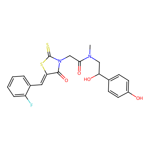 2-[(5Z)-5-(2-fluorobenzylidene)-4-oxo-2-thioxo-1,3-thiazolidin-3-yl]-N-[2-hydroxy-2-(4-hydroxyphenyl)ethyl]-N-methylacetamide structure