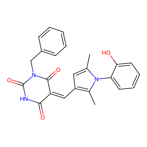 (5Z)-1-benzyl-5-[[1-(2-hydroxyphenyl)-2,5-dimethylpyrrol-3-yl]methylidene]-1,3-diazinane-2,4,6-trione structure