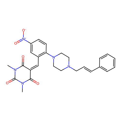 (E)-5-(2-(4-cinnamylpiperazin-1-yl)-5-nitrobenzylidene)-1,3-dimethylpyrimidine-2,4,6(1H,3H,5H)-trione structure