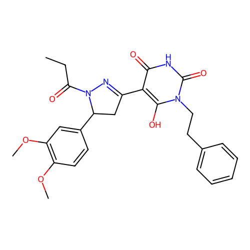 (Z)-5-(5-(3,4-dimethoxyphenyl)-1-propionylpyrazolidin-3-ylidene)-1-phenethylpyrimidine-2,4,6(1H,3H,5H)-trione structure