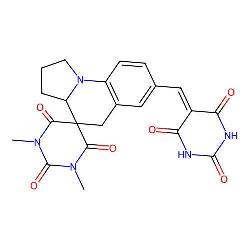 1,3-dimethyl-7'-((2,4,6-trioxotetrahydropyrimidin-5(2H)-ylidene)methyl)-2',3',3a',5'-tetrahydro-1H,1'H-spiro[pyrimidine-5,4'-pyrrolo[1,2-a]quinoline]-2,4,6(3H)-trione structure