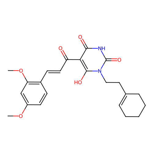(E)-3-(2-(cyclohex-1-en-1-yl)ethyl)-5-(3-(2,4-dimethoxyphenyl)acryloyl)-6-hydroxypyrimidine-2,4(1H,3H)-dione structure