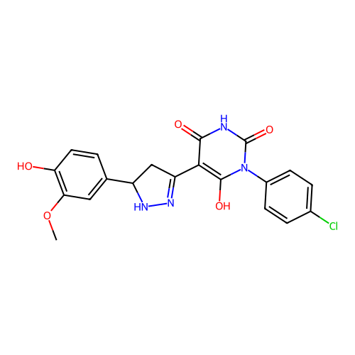 (Z)-1-(4-chlorophenyl)-5-(5-(4-hydroxy-3-methoxyphenyl)pyrazolidin-3-ylidene)pyrimidine-2,4,6(1H,3H,5H)-trione structure