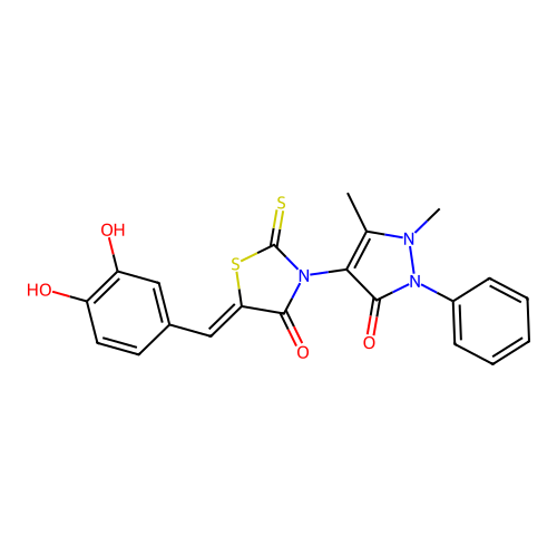 (5Z)-5-(3,4-dihydroxybenzylidene)-3-(1,5-dimethyl-3-oxo-2-phenyl-2,3-dihydro-1H-pyrazol-4-yl)-2-thioxo-1,3-thiazolidin-4-one structure
