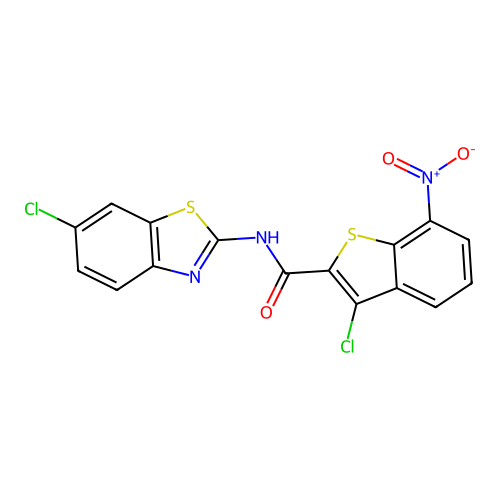 3-chloro-N-(6-chloro-1,3-benzothiazol-2-yl)-7-nitro-1-benzothiophene-2-carboxamide structure