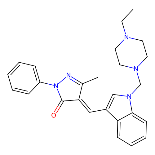 (4E)-4-({1-[(4-ethylpiperazin-1-yl)methyl]-1H-indol-3-yl}methylidene)-5-methyl-2-phenyl-2,4-dihydro-3H-pyrazol-3-one structure