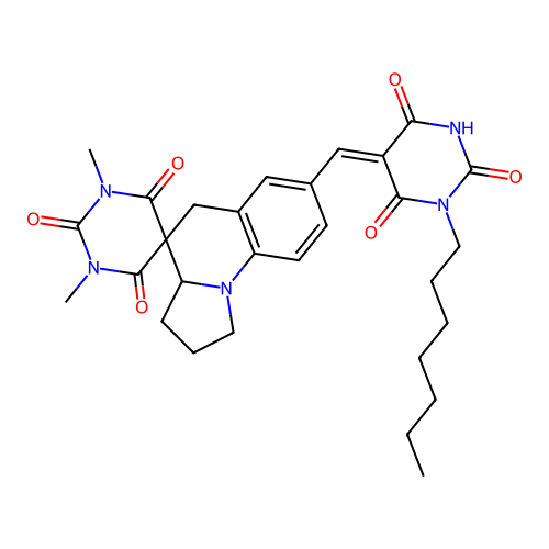 (Z)-7'-((1-heptyl-2,4,6-trioxotetrahydropyrimidin-5(2H)-ylidene)methyl)-1,3-dimethyl-2',3',3a',5'-tetrahydro-1H,1'H-spiro[pyrimidine-5,4'-pyrrolo[1,2-a]quinoline]-2,4,6(3H)-trione structure