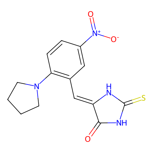 (Z)-5-(5-nitro-2-(pyrrolidin-1-yl)benzylidene)-2-thioxoimidazolidin-4-one structure