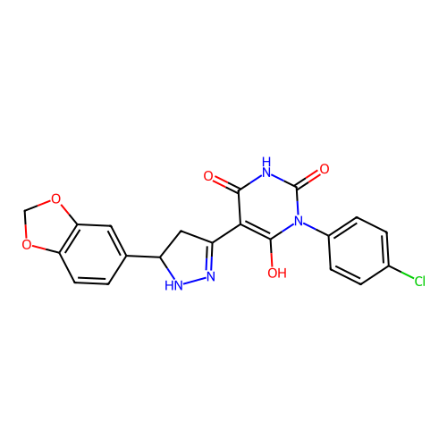 5-[5-(2H-1,3-BENZODIOXOL-5-YL)-4,5-DIHYDRO-1H-PYRAZOL-3-YL]-3-(4-CHLOROPHENYL)-6-HYDROXY-1,2,3,4-TETRAHYDROPYRIMIDINE-2,4-DIONE structure
