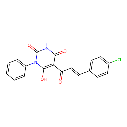 (E)-5-(3-(4-chlorophenyl)acryloyl)-6-hydroxy-3-phenylpyrimidine-2,4(1H,3H)-dione structure