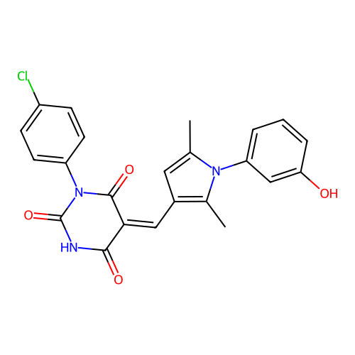 (5Z)-1-(4-chlorophenyl)-5-[[1-(3-hydroxyphenyl)-2,5-dimethylpyrrol-3-yl]methylidene]-1,3-diazinane-2,4,6-trione structure