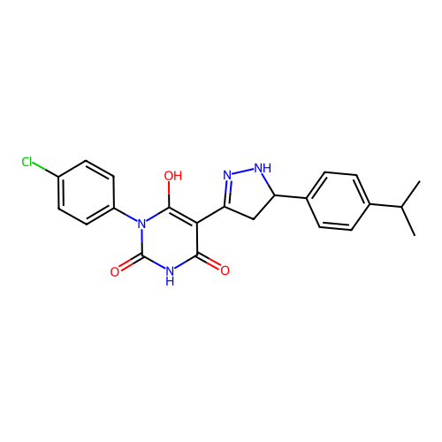 (5Z)-3-(4-chlorophenyl)-6-hydroxy-5-{5-[4-(propan-2-yl)phenyl]pyrazolidin-3-ylidene}pyrimidine-2,4(3H,5H)-dione structure