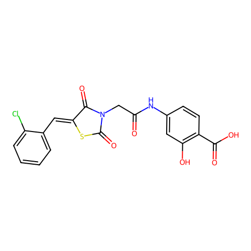 (Z)-4-(2-(5-(2-chlorobenzylidene)-2,4-dioxothiazolidin-3-yl)acetamido)-2-hydroxybenzoic acid structure
