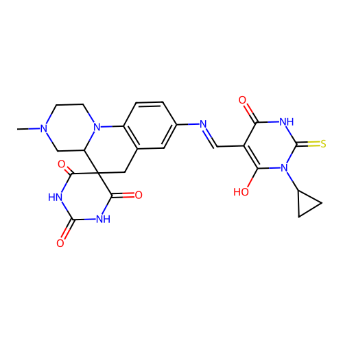 (5Z)-1-cyclopropyl-5-{[(2',6'-dihydroxy-3-methyl-4'-oxo-2,3,4,4a-tetrahydro-1H,4'H,6H-spiro[pyrazino[1,2-a]quinoline-5,5'-pyrimidin]-8-yl)amino]methylidene}-2-sulfanylpyrimidine-4,6(1H,5H)-dione structure