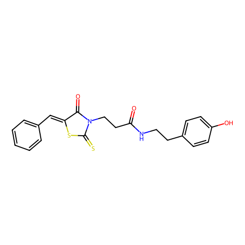 (Z)-3-(5-benzylidene-4-oxo-2-thioxothiazolidin-3-yl)-N-(4-hydroxyphenethyl)propanamide structure